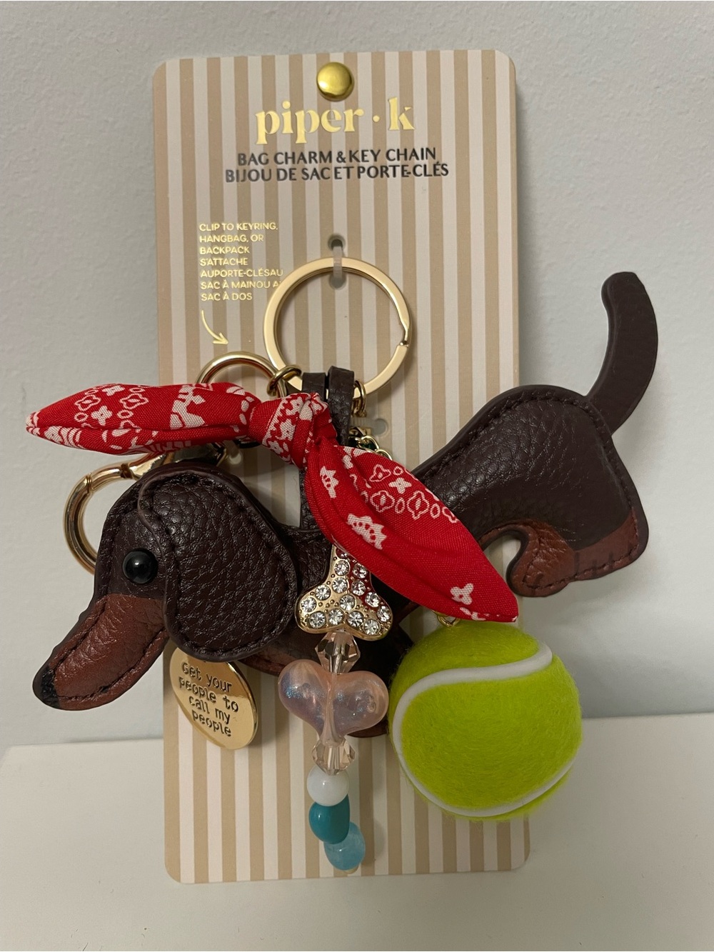 NWT PIPER K Brown Dachshund Dog Bag Charm & Key Chain